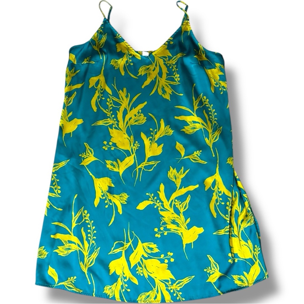 Stars Above Teal/Yellow Silky Floral Tropical Print Sleeveless Mini Slip Dress - Picture 7 of 16